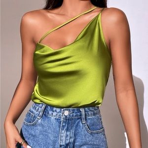 One shoulder draped satin bodysuit